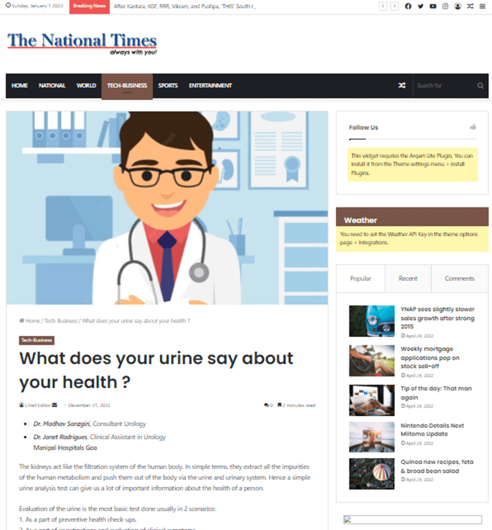 Dr. Madhav Sanzgiri in The National Times 